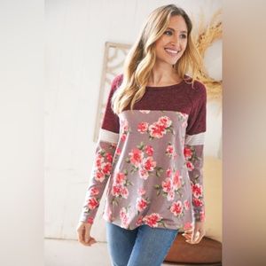 S L 11. BURGUNDY FLORAL COLOR BLOCK TOP SHIRT BLOUSE